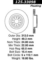 STOPTECH Диск тормозной передний OEM 312mm Audi A3 (8P), TT (8J), VW Golf GTI mk5/mk6/mk7, Scirocco